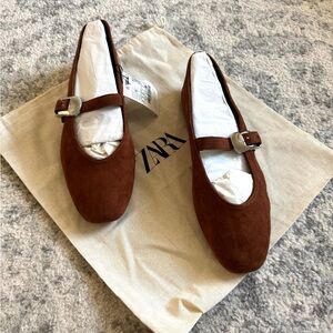 Brand New Zara Brown Suede Mary Jane Flats with Silver Buckle